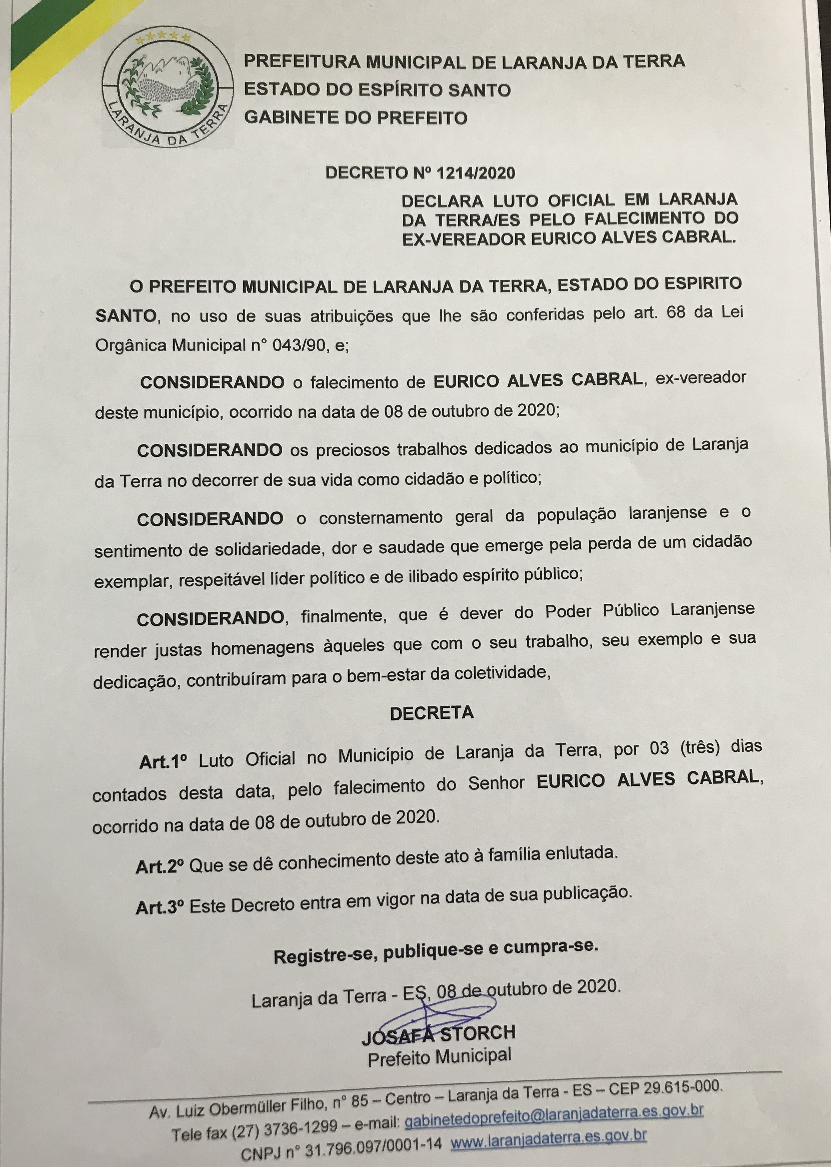 Decreto número 1214/2020 “ Declara Luto Oficial em Laranja da Terra 